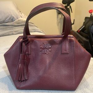 Tory Burch Leather Zip Satchel in Burgundy